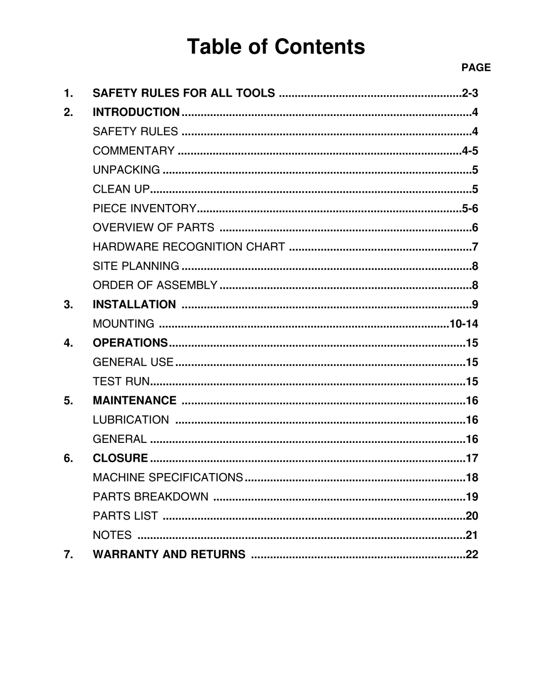 Grizzly G4227 instruction manual Table of Contents 