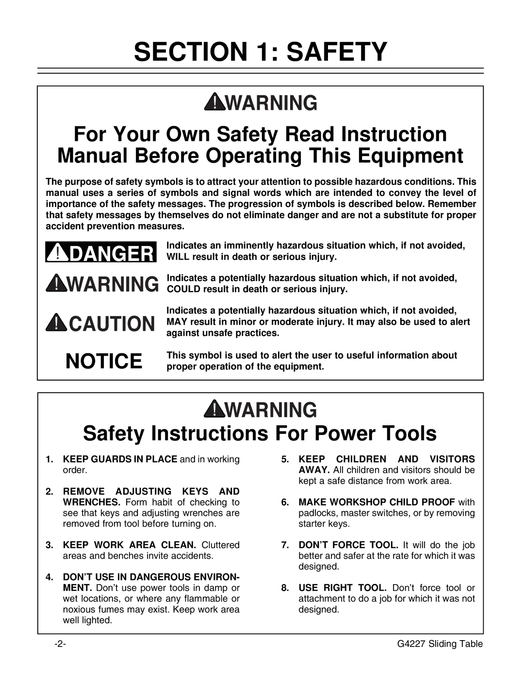 Grizzly G4227 instruction manual Safety Instructions For Power Tools 