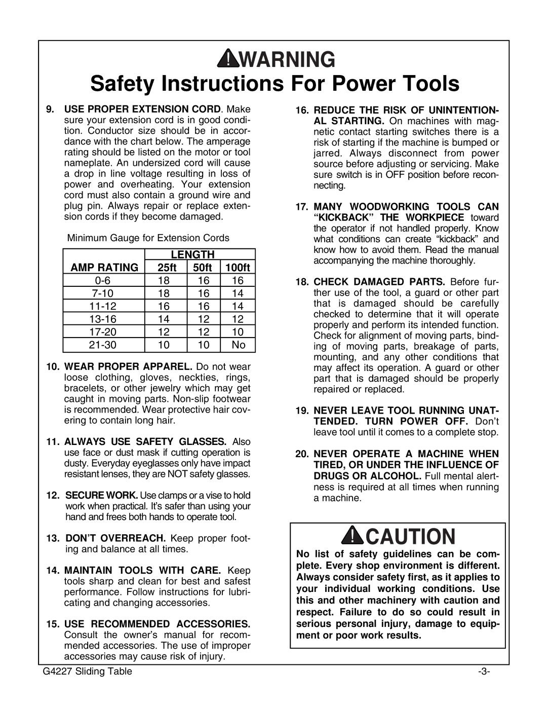 Grizzly G4227 instruction manual Length AMP Rating 