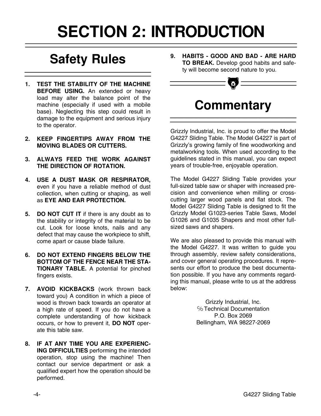 Grizzly G4227 instruction manual Introduction, Safety Rules, Commentary 