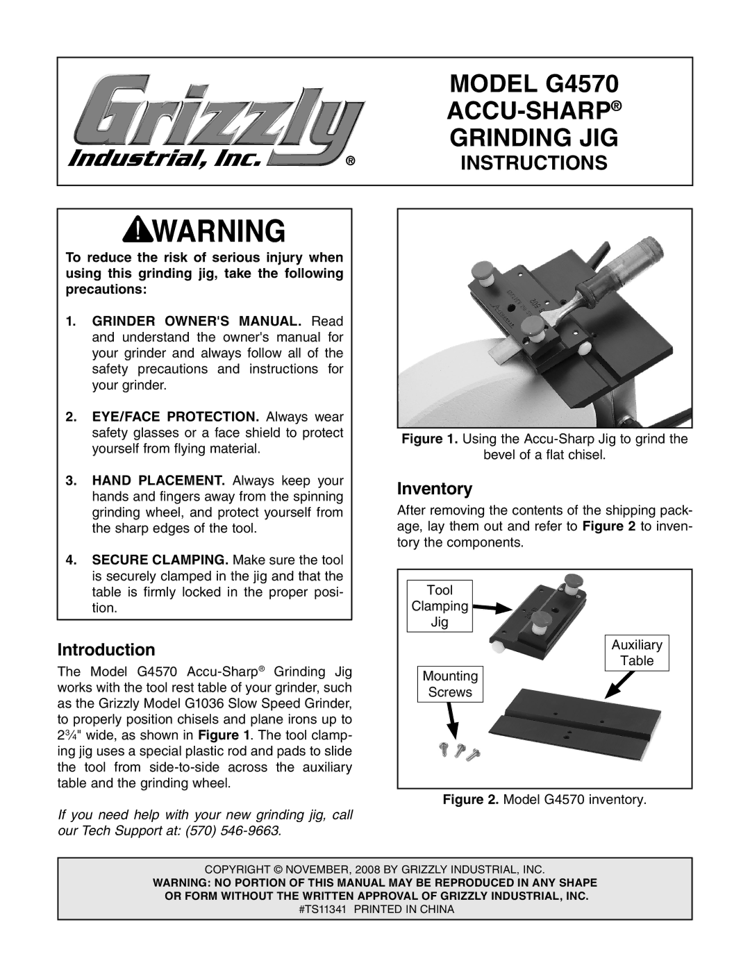 Grizzly owner manual Model G4570, Accu-Sharp, Grinding JIG, Instructions 