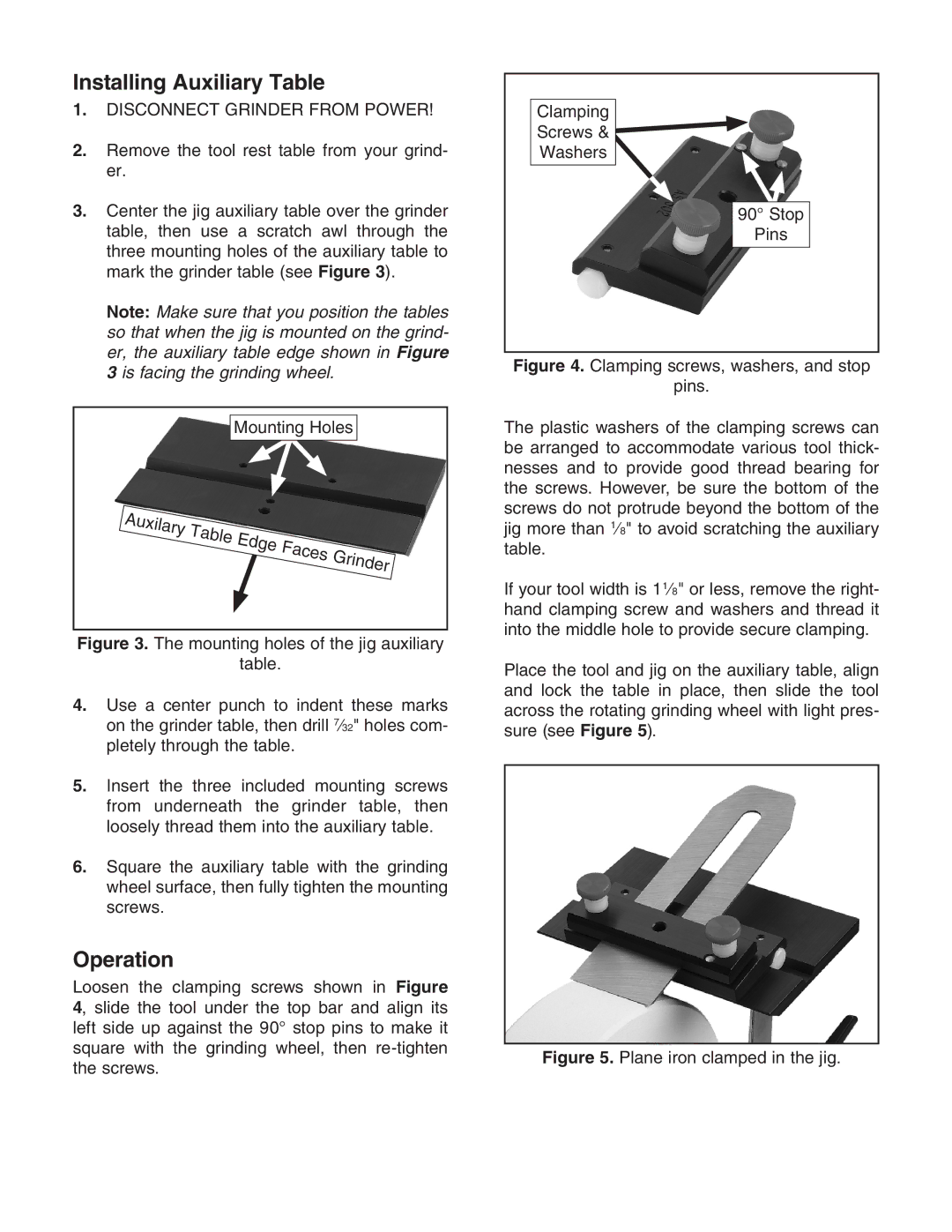 Grizzly G4570 owner manual Installing Auxiliary Table, Operation, Disconnect Grinder from Power 