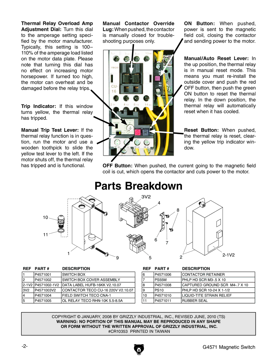 Grizzly G4571 manual Adjustment Dial Turn this dial, Manual/Auto Reset Lever, Trip Indicator If this window 