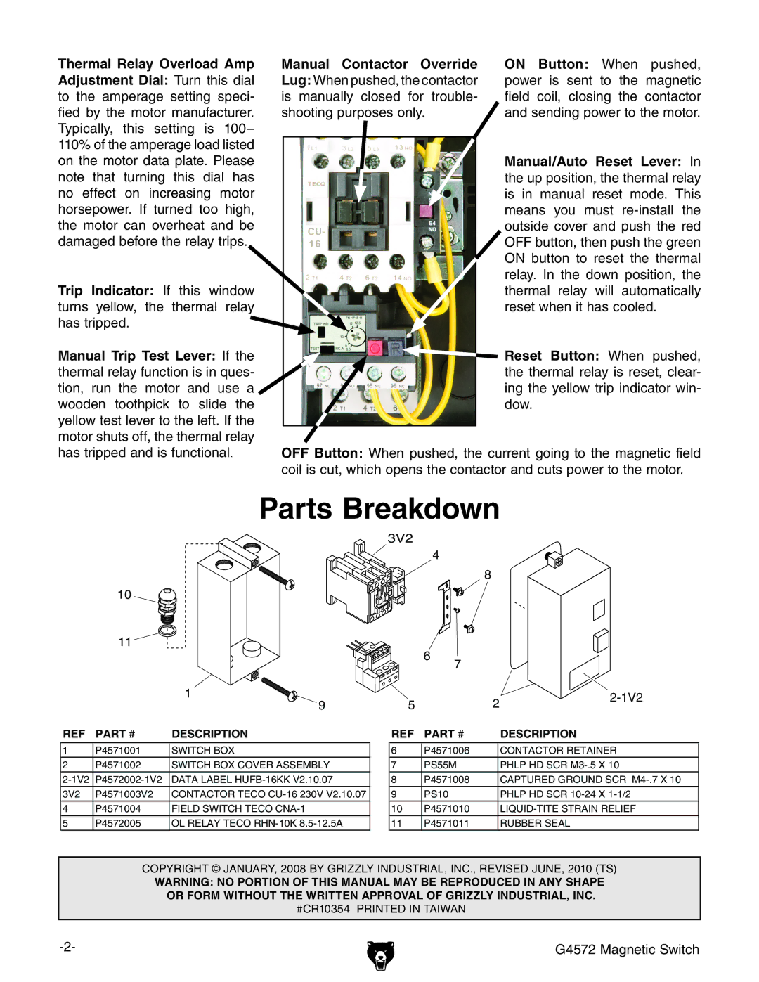 Grizzly G4572 manual Adjustment Dial Turn this dial, Manual/Auto Reset Lever, Trip Indicator If this window 