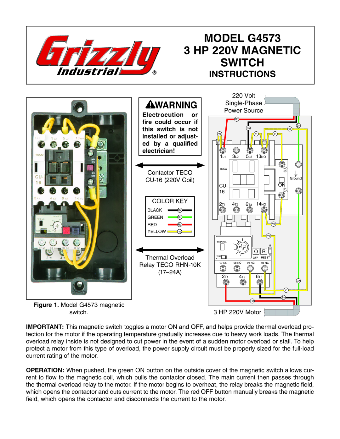 Grizzly manual Model G4573 HP 220V Magnetic Switch 