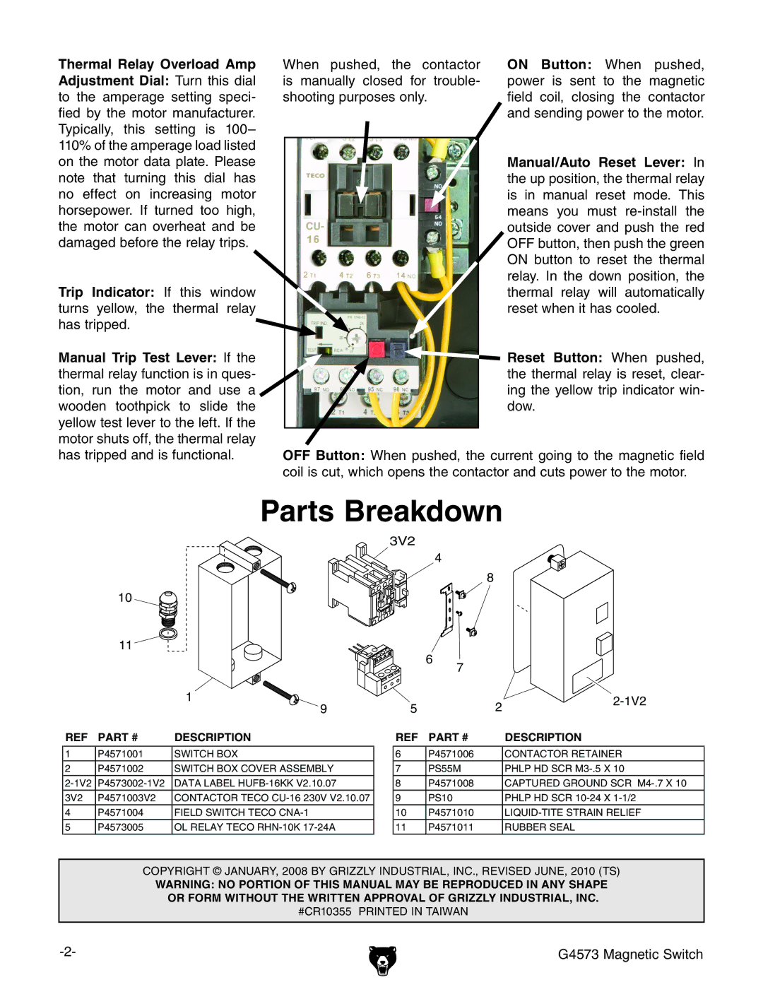 Grizzly G4573 manual Thermal Relay Overload Amp, Button, Adjustment Dial Turn this dial, Manual/Auto Reset Lever 