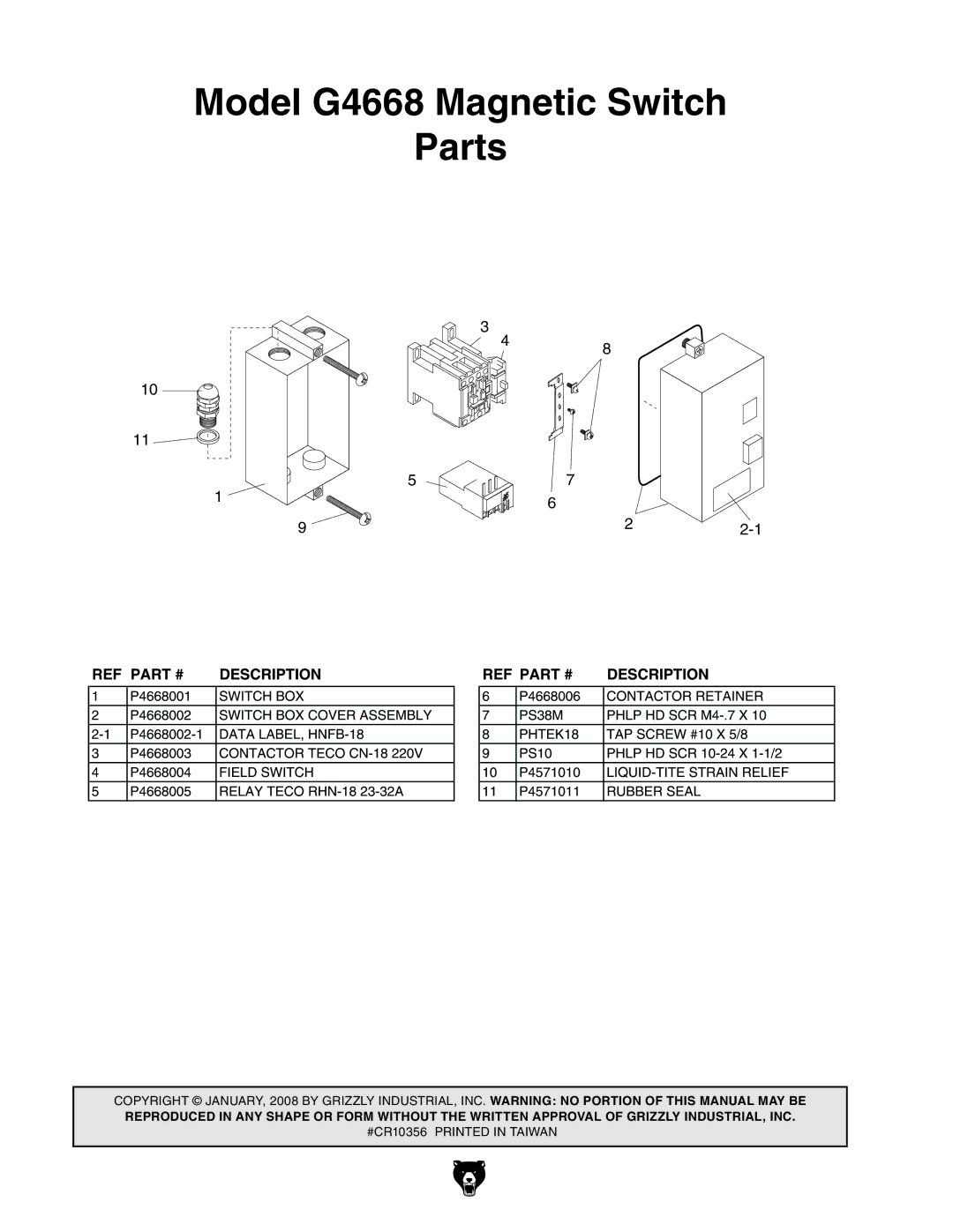 Grizzly manual Model G4668 Magnetic Switch Parts, Description 