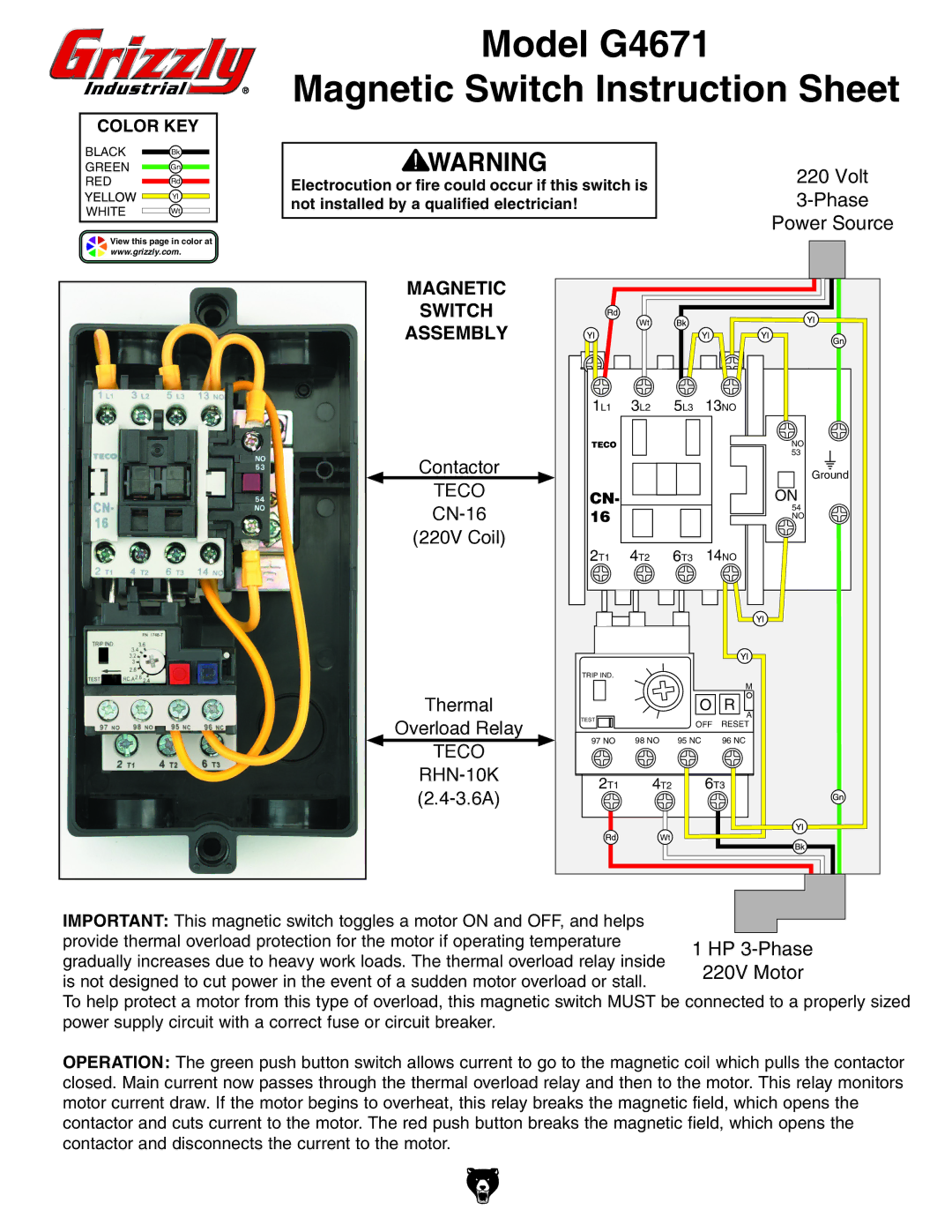 Grizzly instruction sheet Model G4671 Magnetic Switch Instruction Sheet, Magnetic Switch Assembly, Contactor 