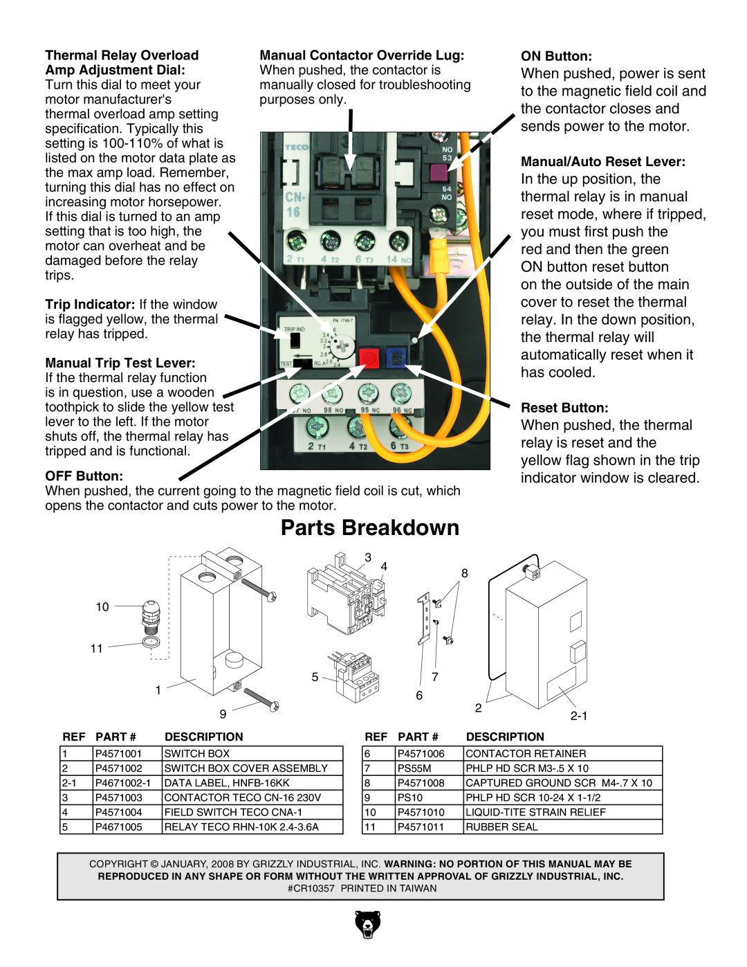 Grizzly G4671 instruction sheet Parts Breakdown 