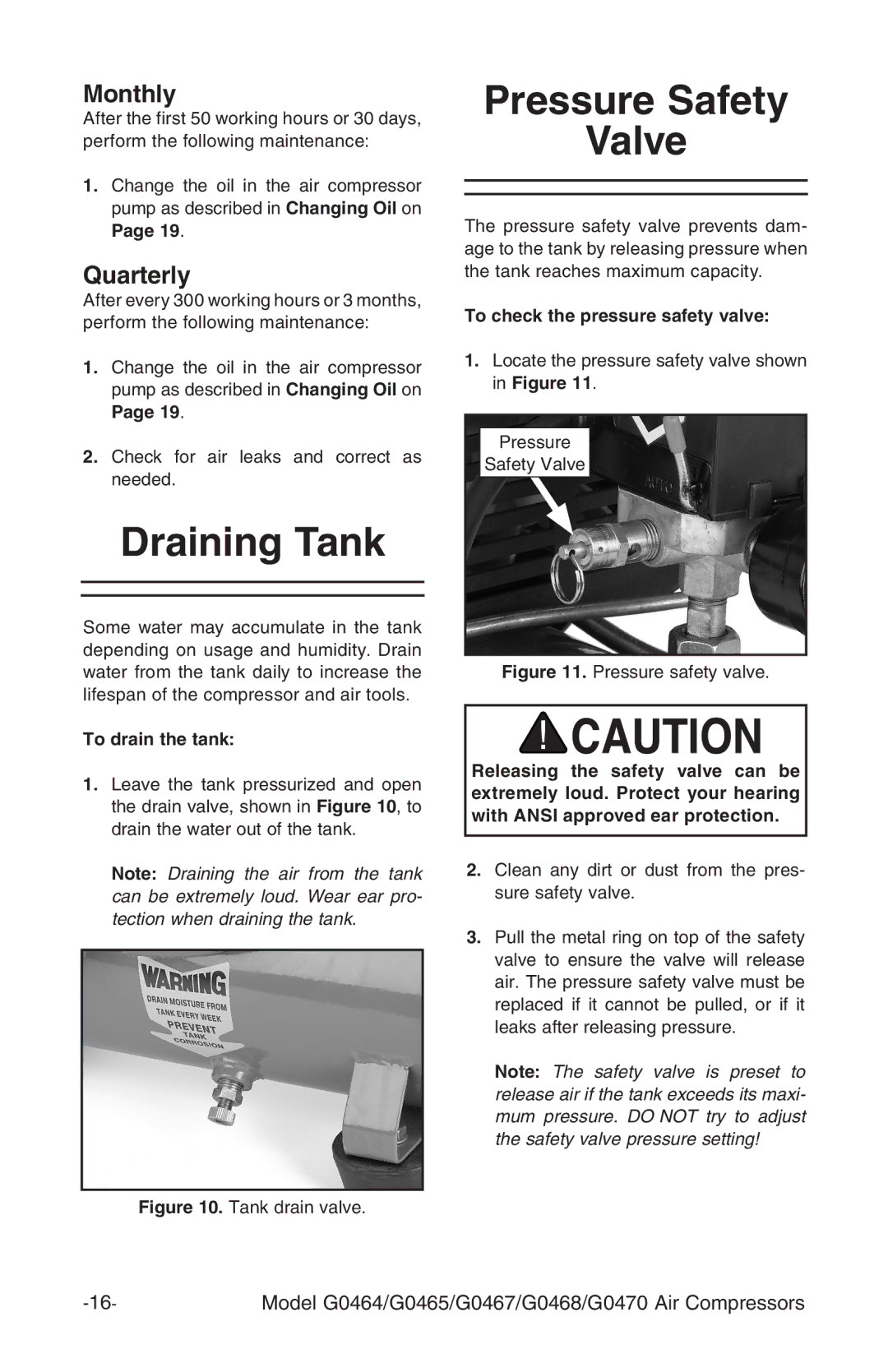 Grizzly G0467, G470, G0468 Draining Tank, Pressure Safety Valve, To drain the tank, To check the pressure safety valve 