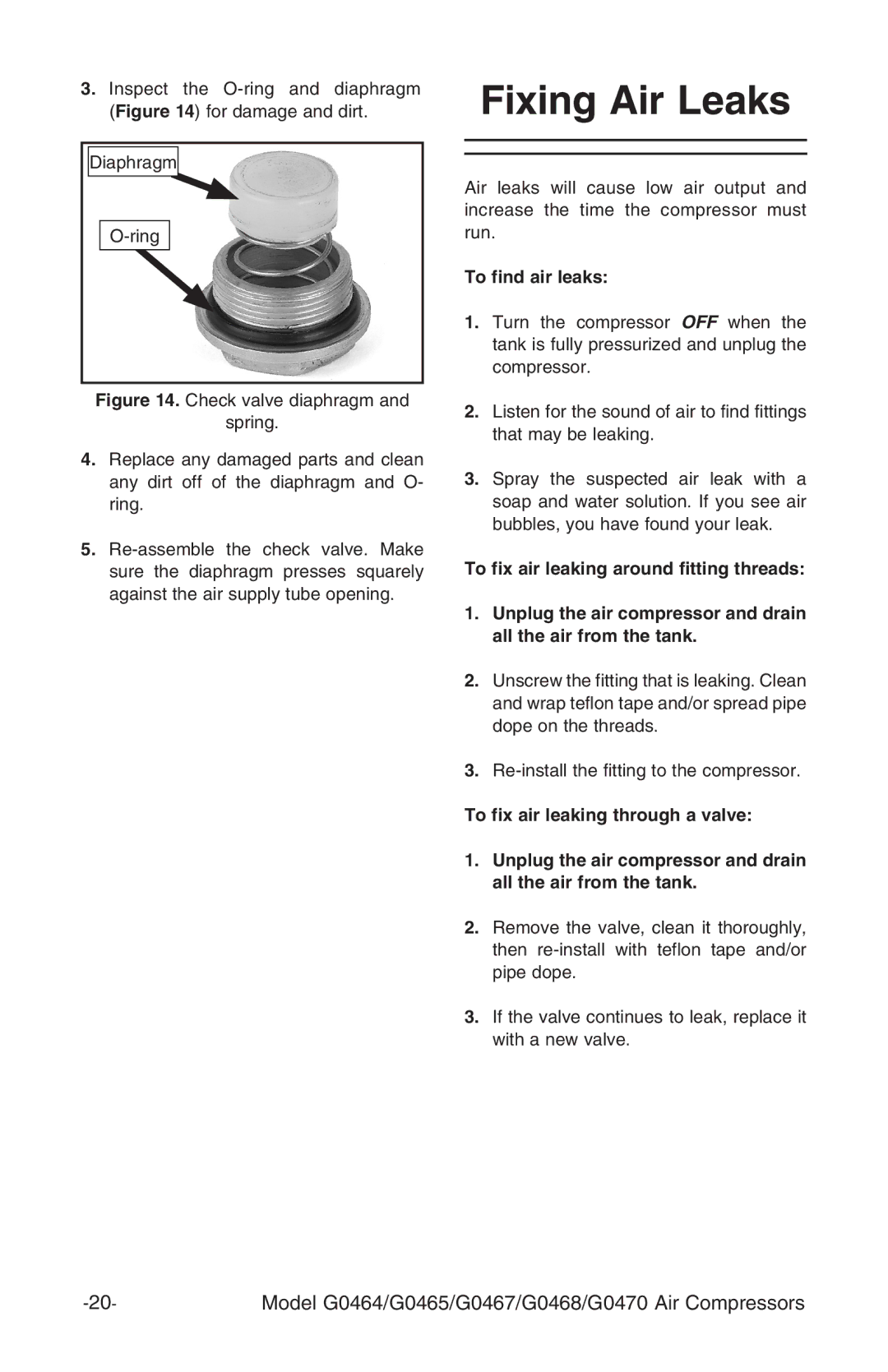 Grizzly G0467, G470, G0468, G0465 instruction manual Fixing Air Leaks, To find air leaks 