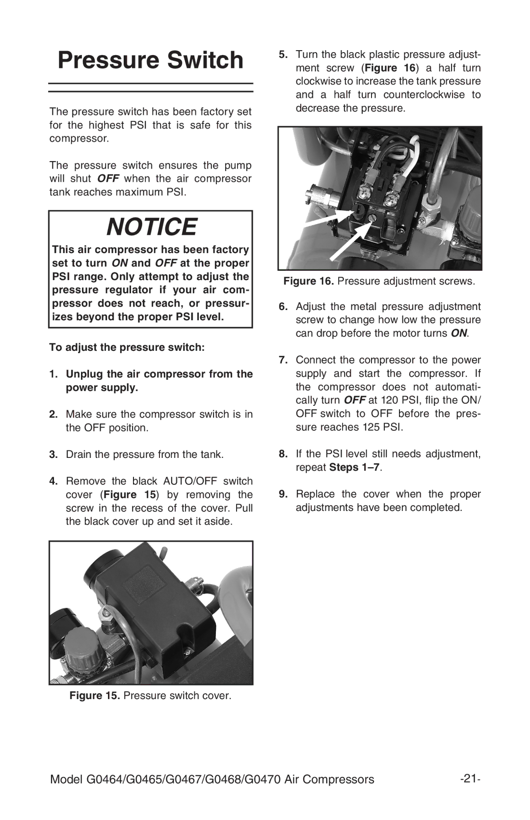 Grizzly G0465, G470, G0468, G0467 instruction manual Pressure Switch, Pressure switch cover 