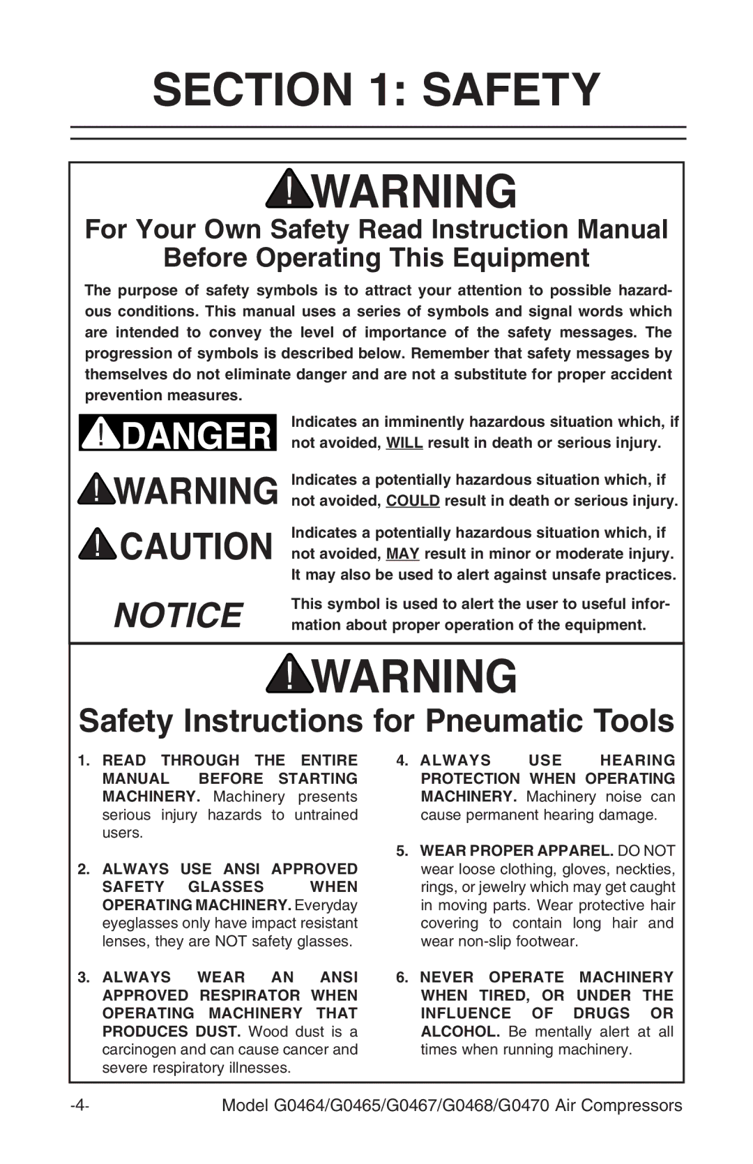 Grizzly G0467, G470, G0468, G0465 instruction manual Safety, Mation about proper operation of the equipment 