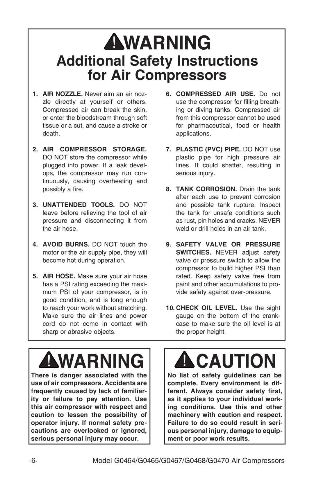 Grizzly G470, G0468, G0467, G0465 instruction manual Additional Safety Instructions For Air Compressors 