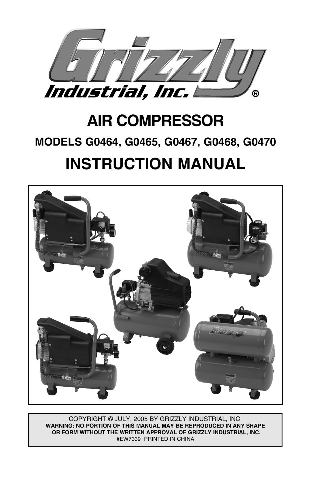 Grizzly G470 instruction manual MODELS G0464, G0465, G0467, G0468, G0470, Air Compressor, Instruction Manual 