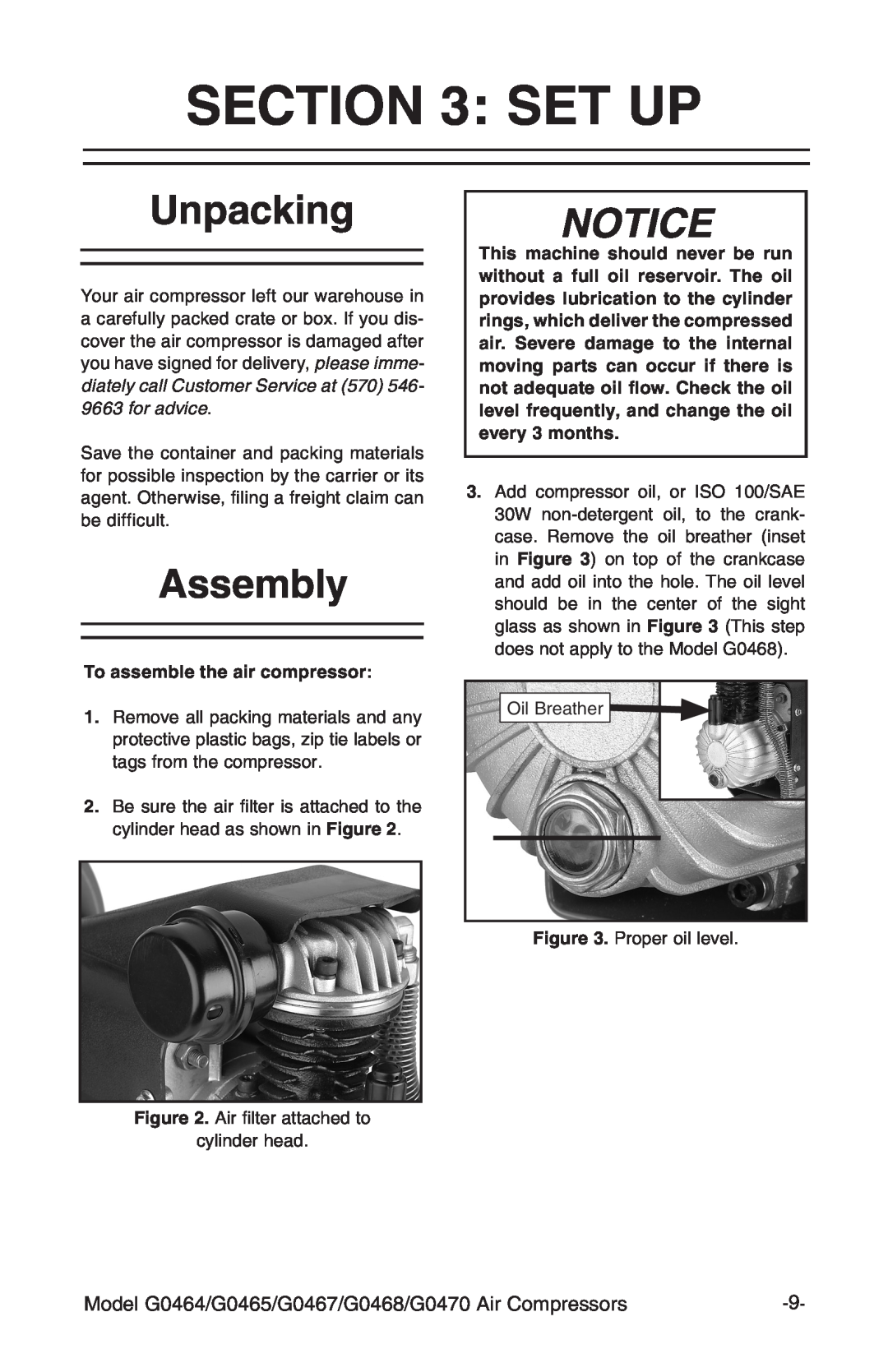 Grizzly G0465, G470, G0468, G0467 instruction manual Set Up, Unpacking, Assembly, To assemble the air compressor 