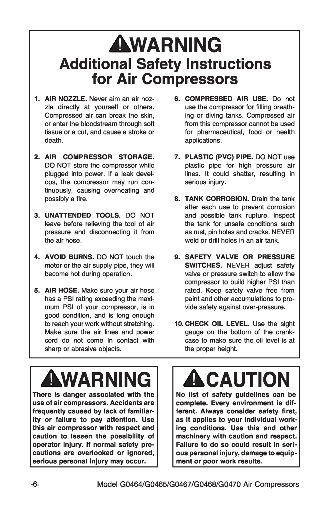 Grizzly G470, G0468, G0467, G0465 instruction manual Additional Safety Instructions for Air Compressors 