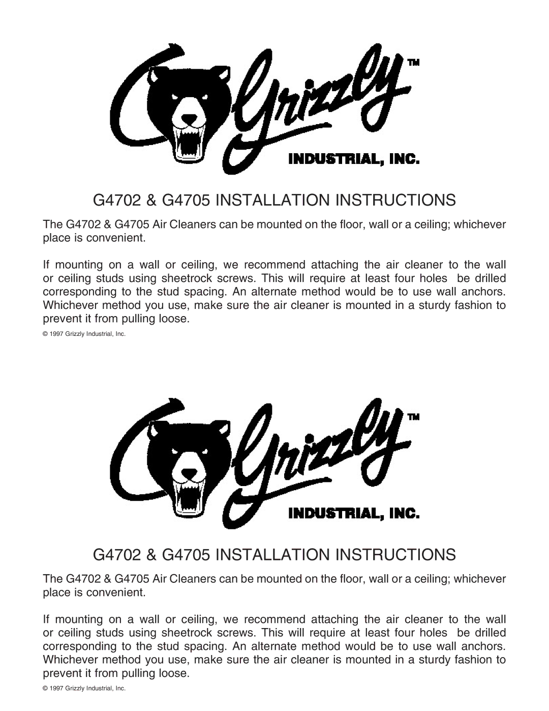 Grizzly installation instructions G4702 & G4705 Installation Instructions 