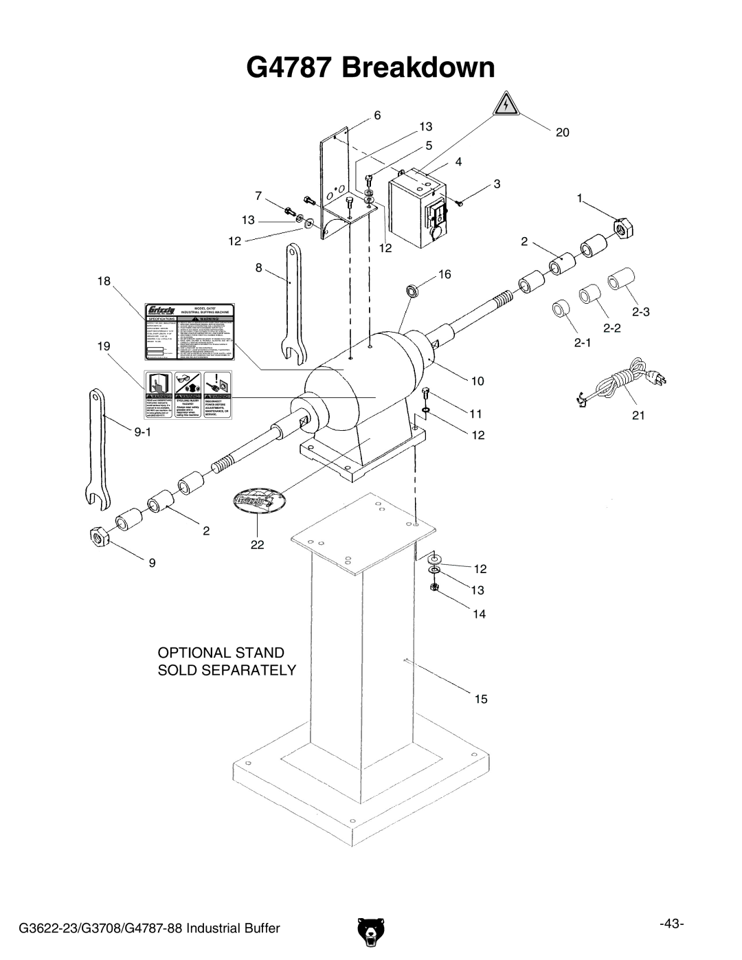 Grizzly specifications G4787 Breakdown, Model G4787, Industrial Buffing Machine, Specifications 