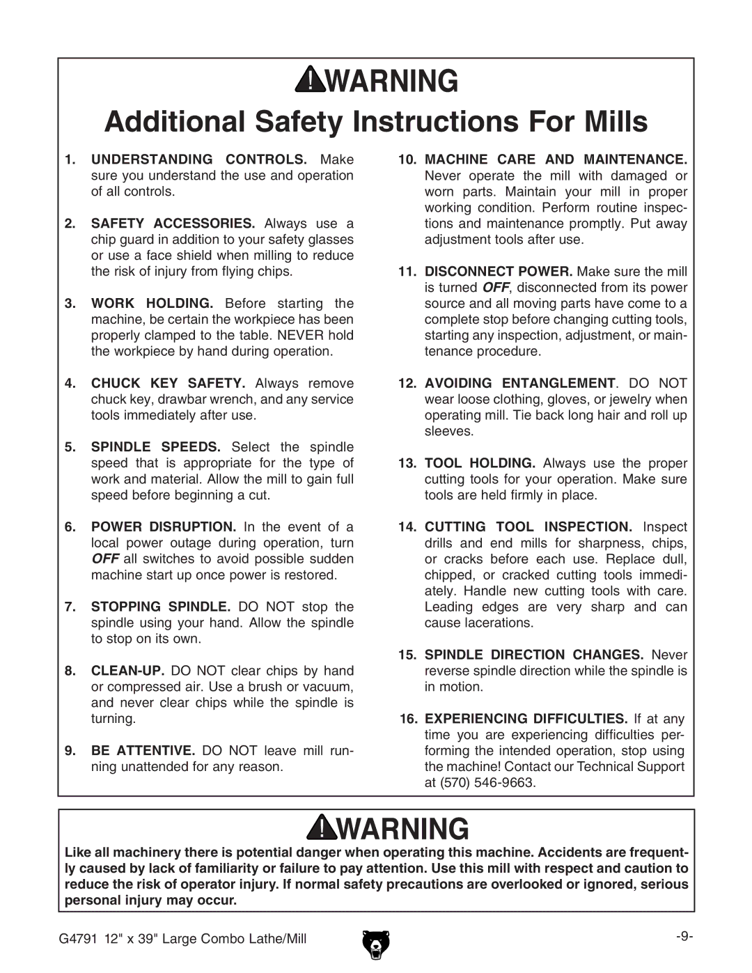 Grizzly G4791 owner manual Additional Safety Instructions For Mills 