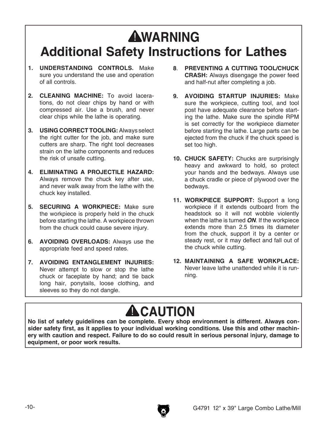 Grizzly G4791 owner manual Additional Safety Instructions for Lathes, Eliminating a Projectile Hazard 