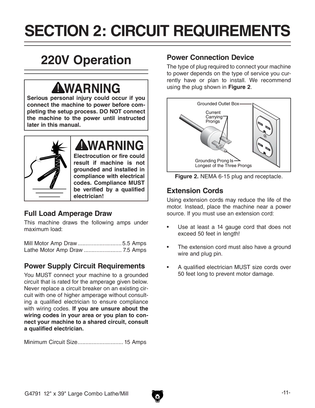 Grizzly G4791 owner manual Circuit Requirements, 220V Operation 