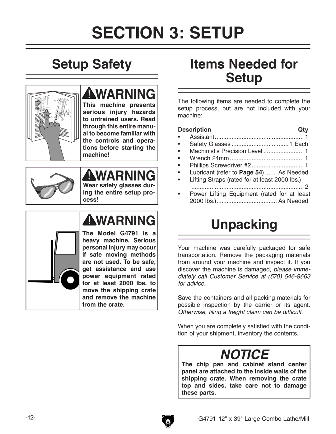 Grizzly G4791 owner manual Setup Safety, Items Needed for Setup, Unpacking, Description Qty 