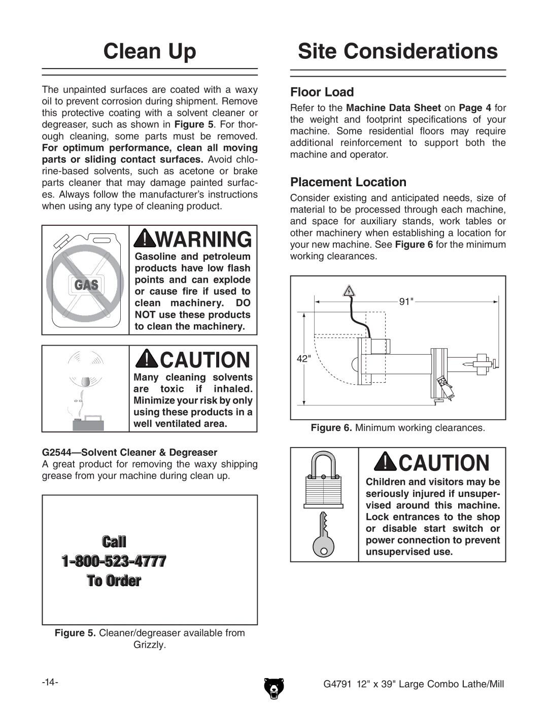 Grizzly G4791 owner manual Clean Up, Site Considerations, Floor Load, Placement Location 