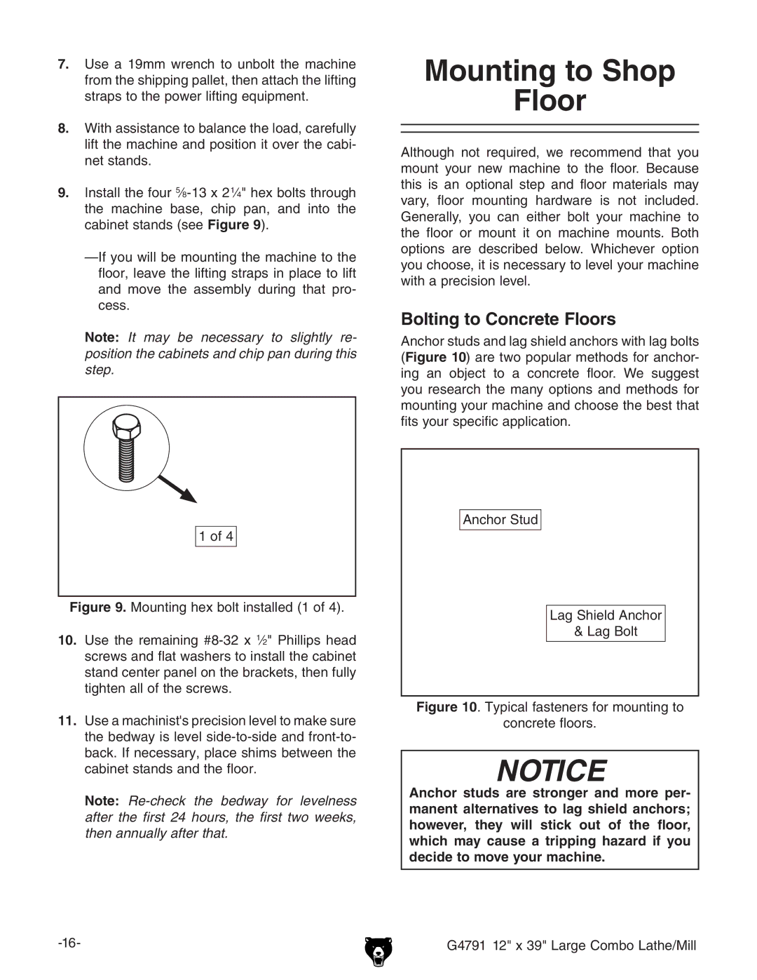 Grizzly G4791 owner manual Mounting to Shop Floor, Bolting to Concrete Floors, d, XVWcZihiVcYhVcYiZaddg#, 6cXdgHijY 