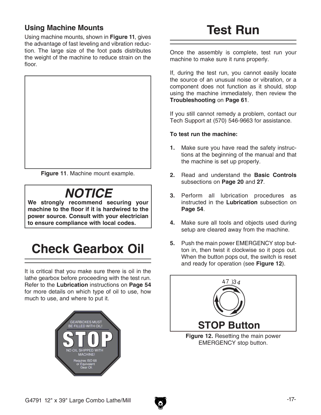 Grizzly G4791 owner manual Check Gearbox Oil, Test Run, Using Machine Mounts, To test run the machine 