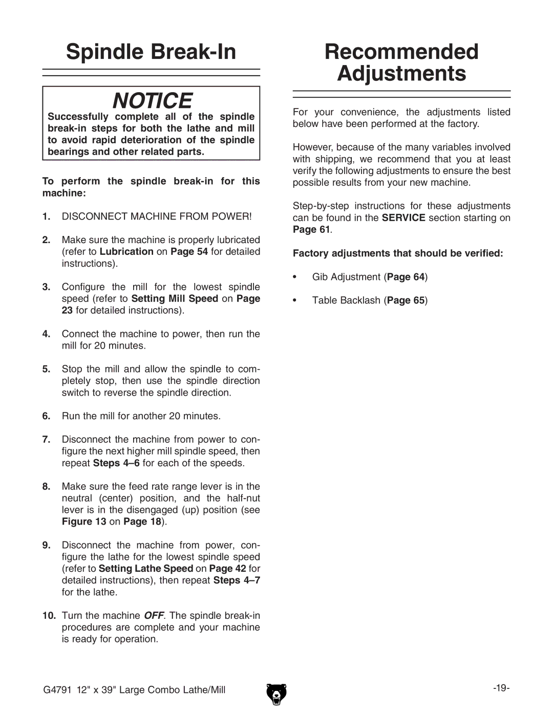 Grizzly G4791 Spindle Break-In, Recommended Adjustments,  9H8DCC8IB68=CGDBEDLG,  GjciZbaadgVcdiZg%bcjiZh# 
