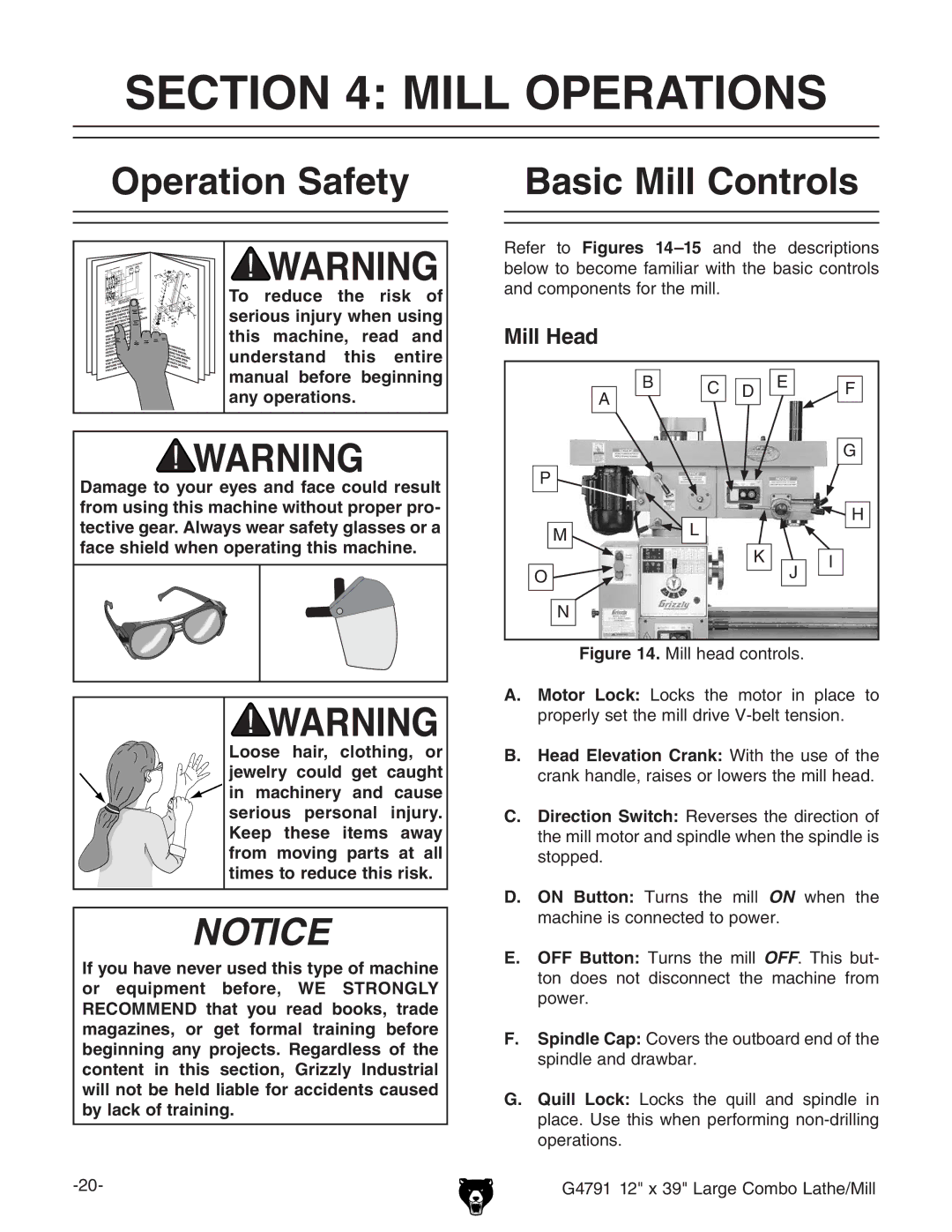 Grizzly G4791 owner manual Mill Operations, Operation Safety, Basic Mill Controls, Mill Head 