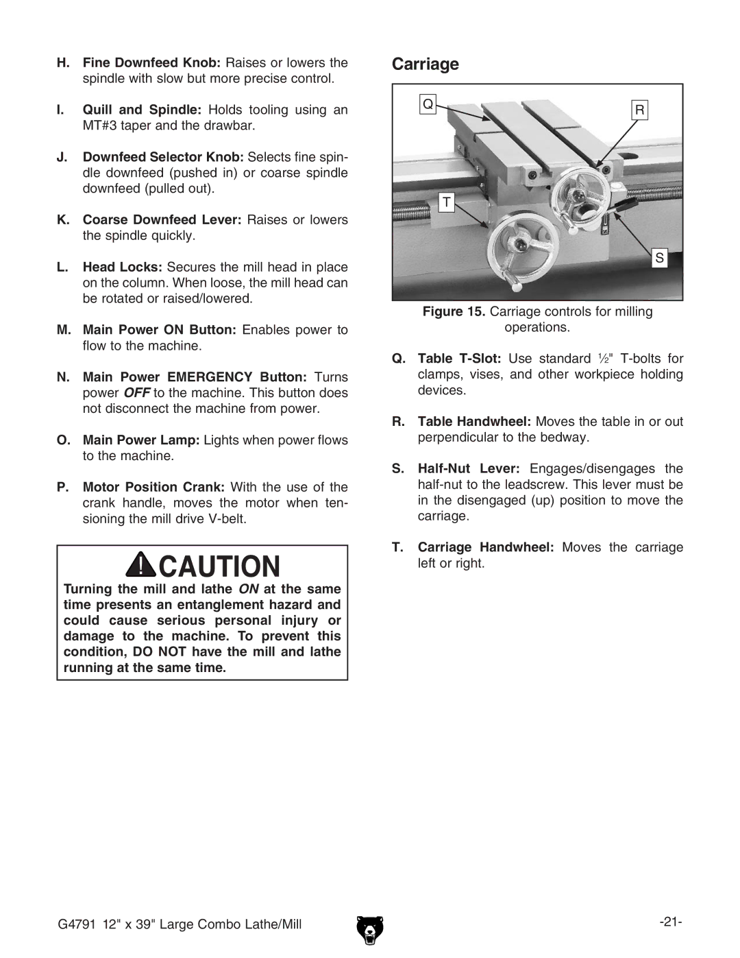 Grizzly G4791 owner manual Carriage, Coarse Downfeed Lever GVhZh dg adlZgh iZhecYaZfjX`an# 