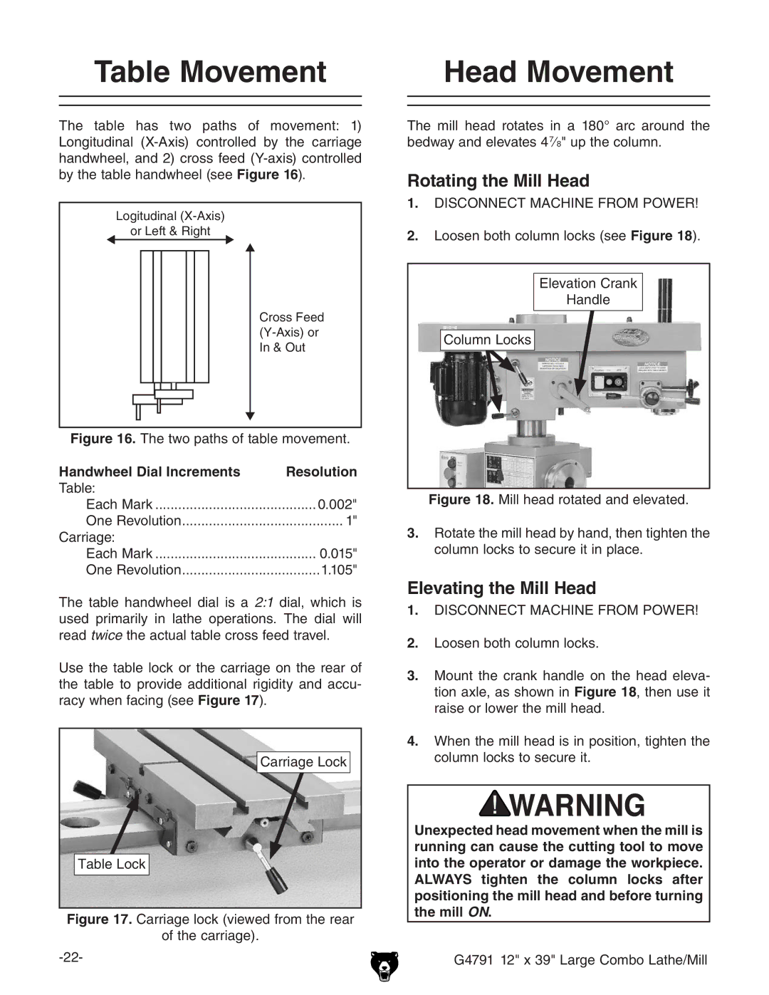 Grizzly G4791 owner manual Table Movement, Head Movement, Rotating the Mill Head, Elevating the Mill Head 