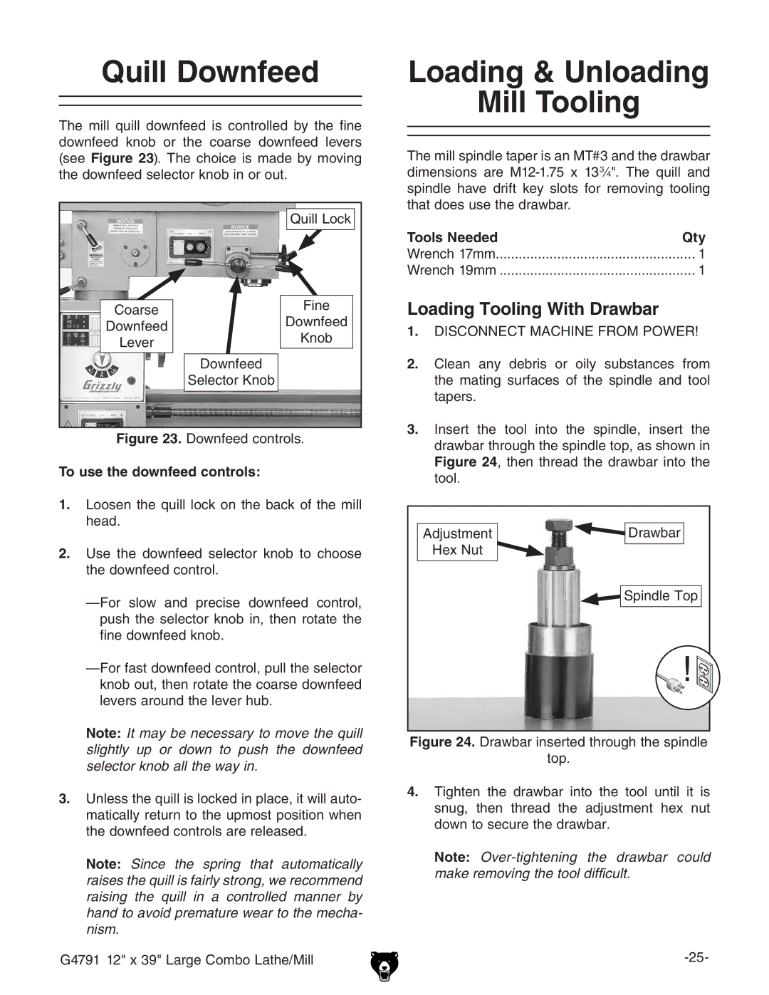 Grizzly G4791 Quill Downfeed, Loading & Unloading Mill Tooling, Loading Tooling With Drawbar, To use the downfeed controls 