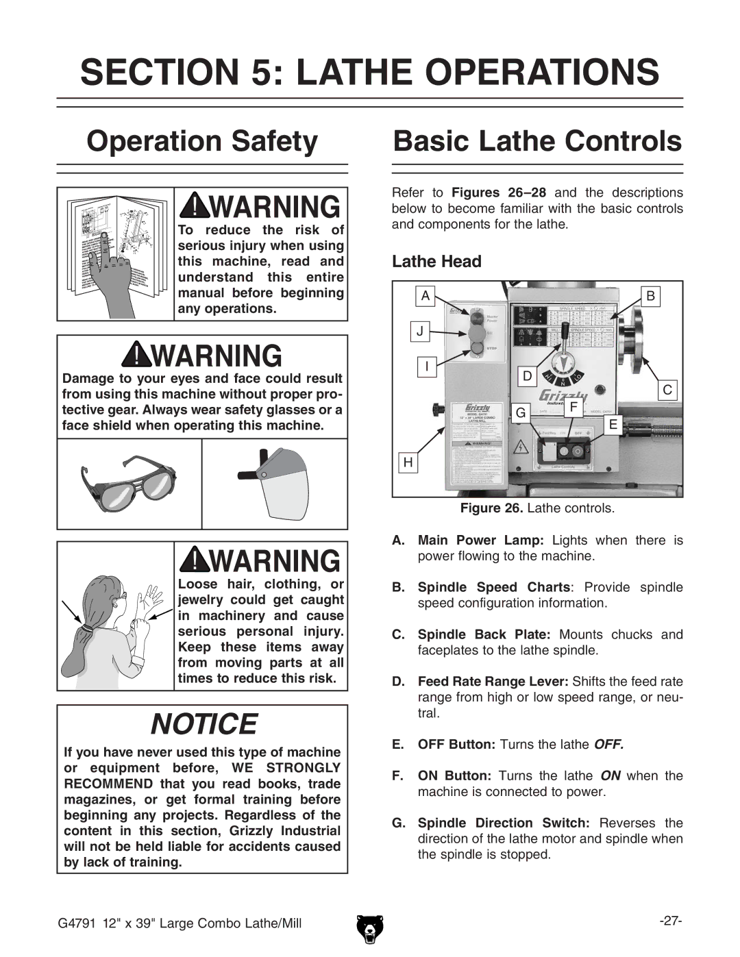 Grizzly G4791 owner manual Lathe Operations, Basic Lathe Controls, Lathe Head,  Spindle Back Plate Bdjcih XjX`h VcY 