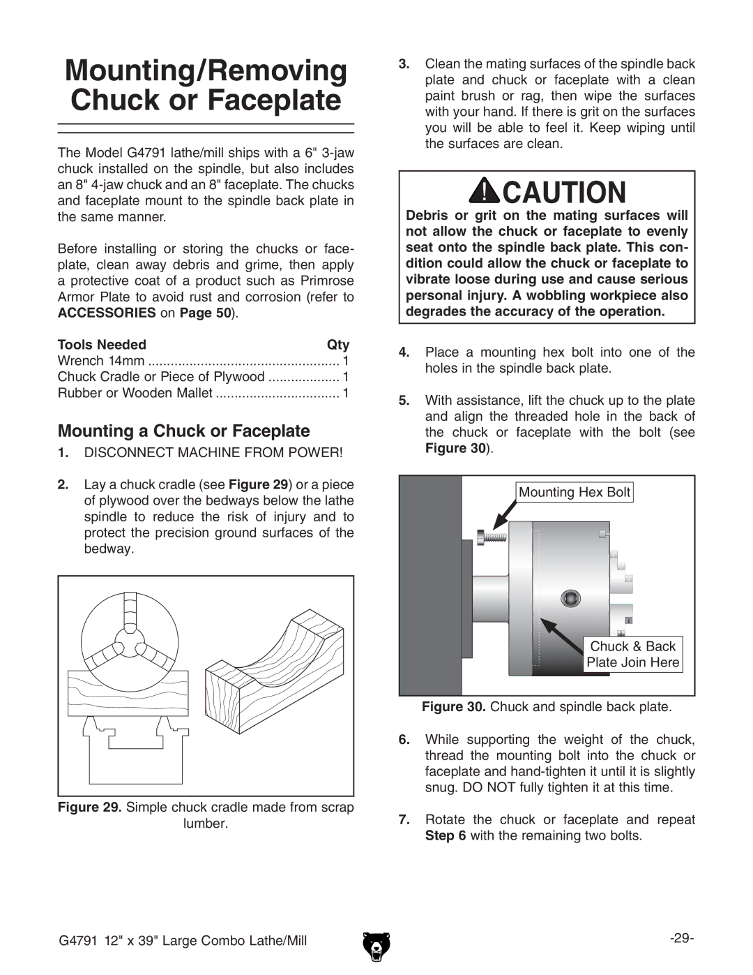 Grizzly G4791 owner manual Mounting/Removing Chuck or Faceplate, Mounting a Chuck or Faceplate, AjbWZg# 