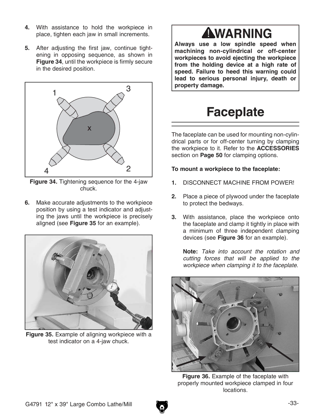 Grizzly G4791 owner manual Faceplate, Va\cZYhZZ dgVcZmVbeaZ#, To mount a workpiece to the faceplate 