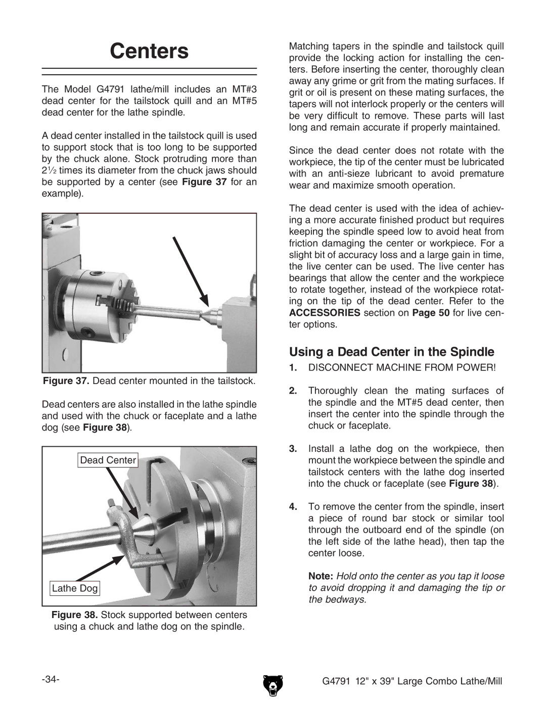 Grizzly G4791 owner manual Centers, Using a Dead Center in the Spindle, 9ZVY8ZciZg AViZ9d 