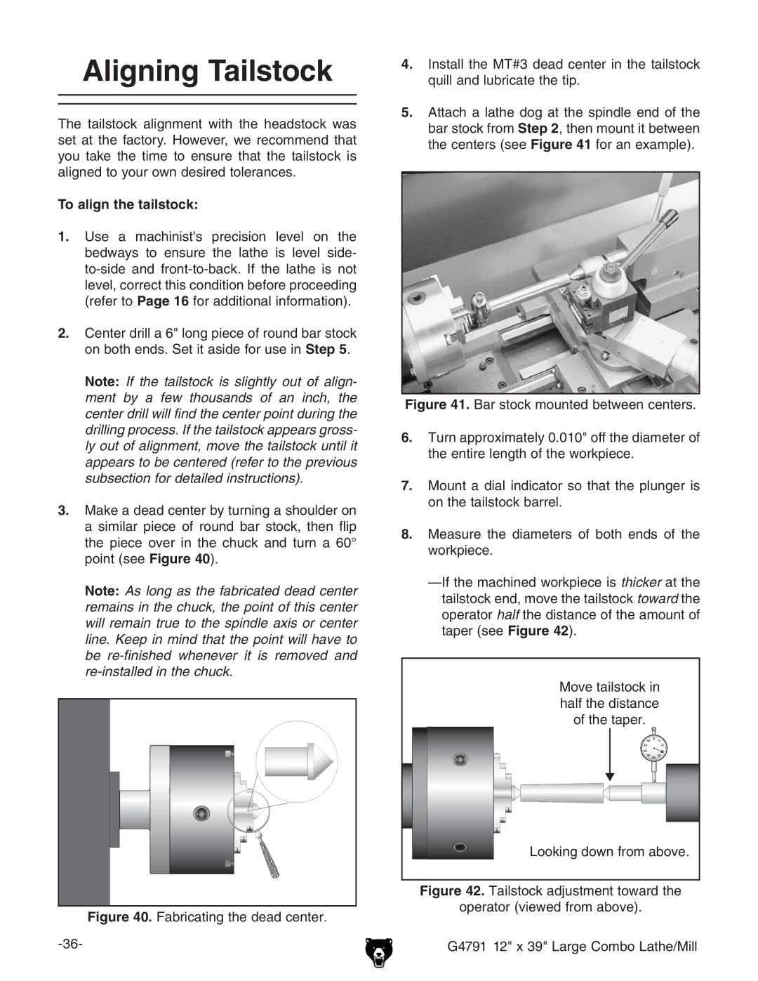 Grizzly G4791 owner manual Aligning Tailstock, To align the tailstock 