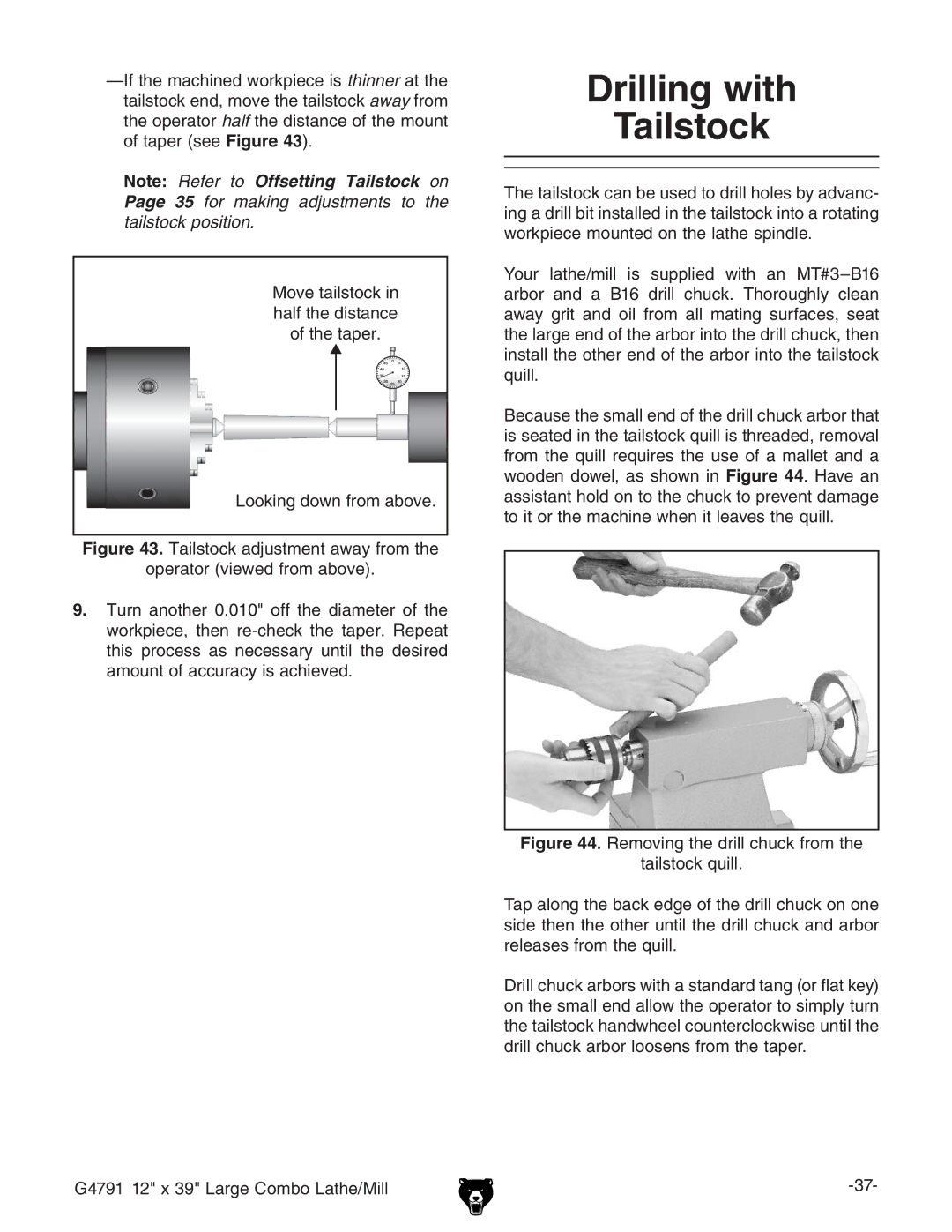 Grizzly G4791 owner manual Drilling with Tailstock, VbdjcidVXXjgVXnhVXZkZY# 