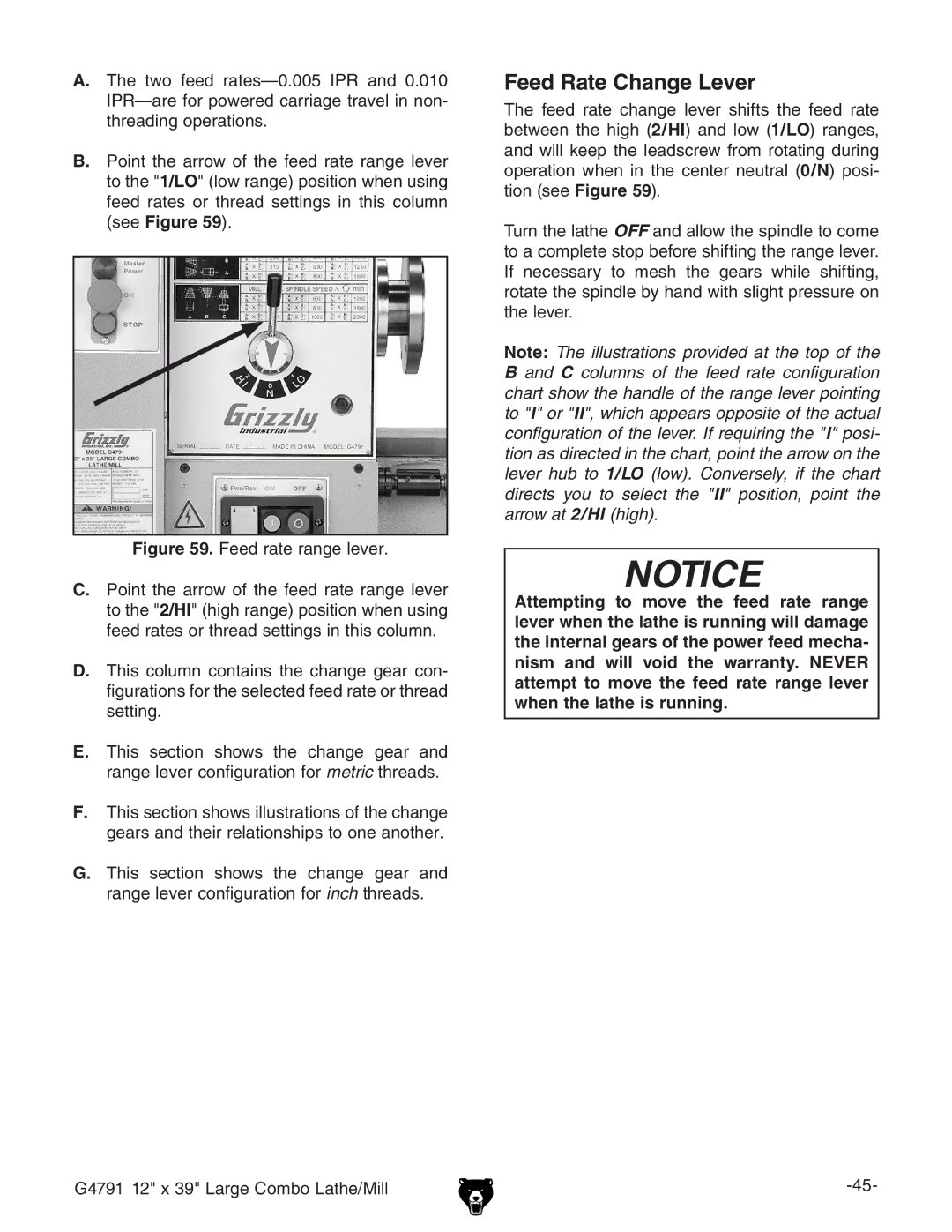 Grizzly G4791 owner manual Feed Rate Change Lever, ZZYgViZgVc\ZaZkZg# 