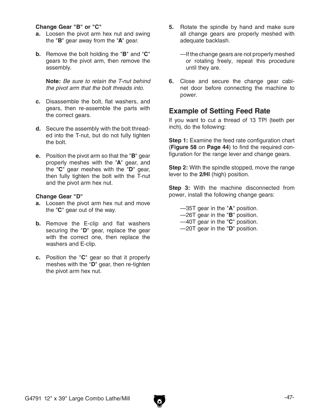 Grizzly G4791 owner manual Example of Setting Feed Rate, Change Gear B or C, Change Gear D 