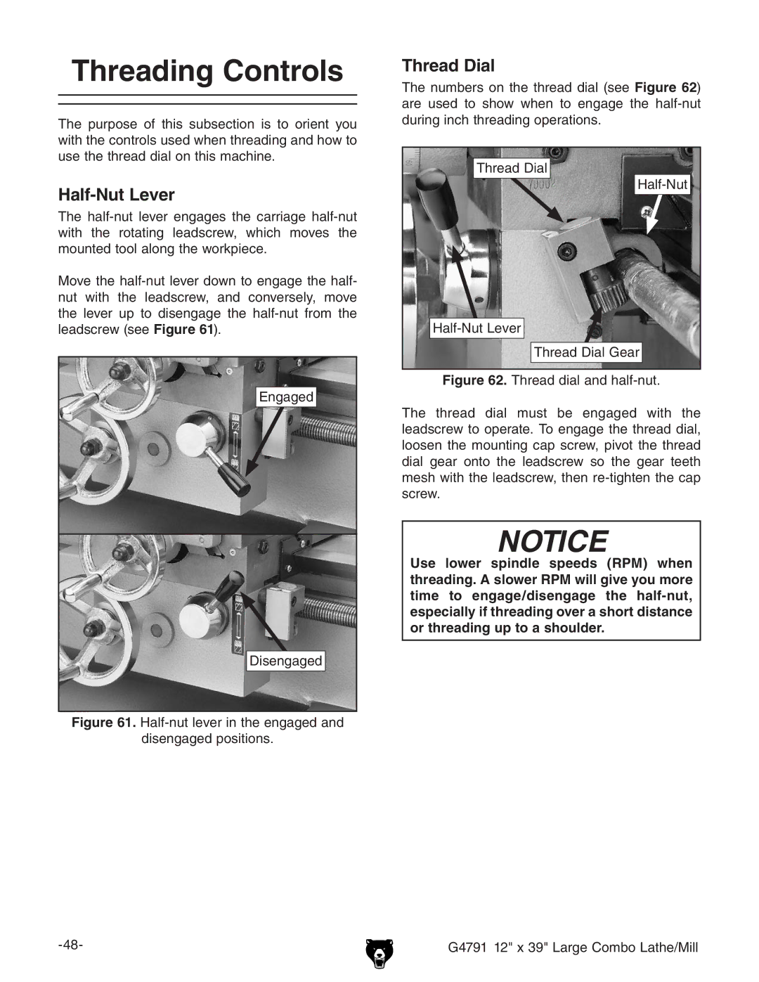 Grizzly G4791 owner manual Threading Controls, Half-Nut Lever, Thread Dial 