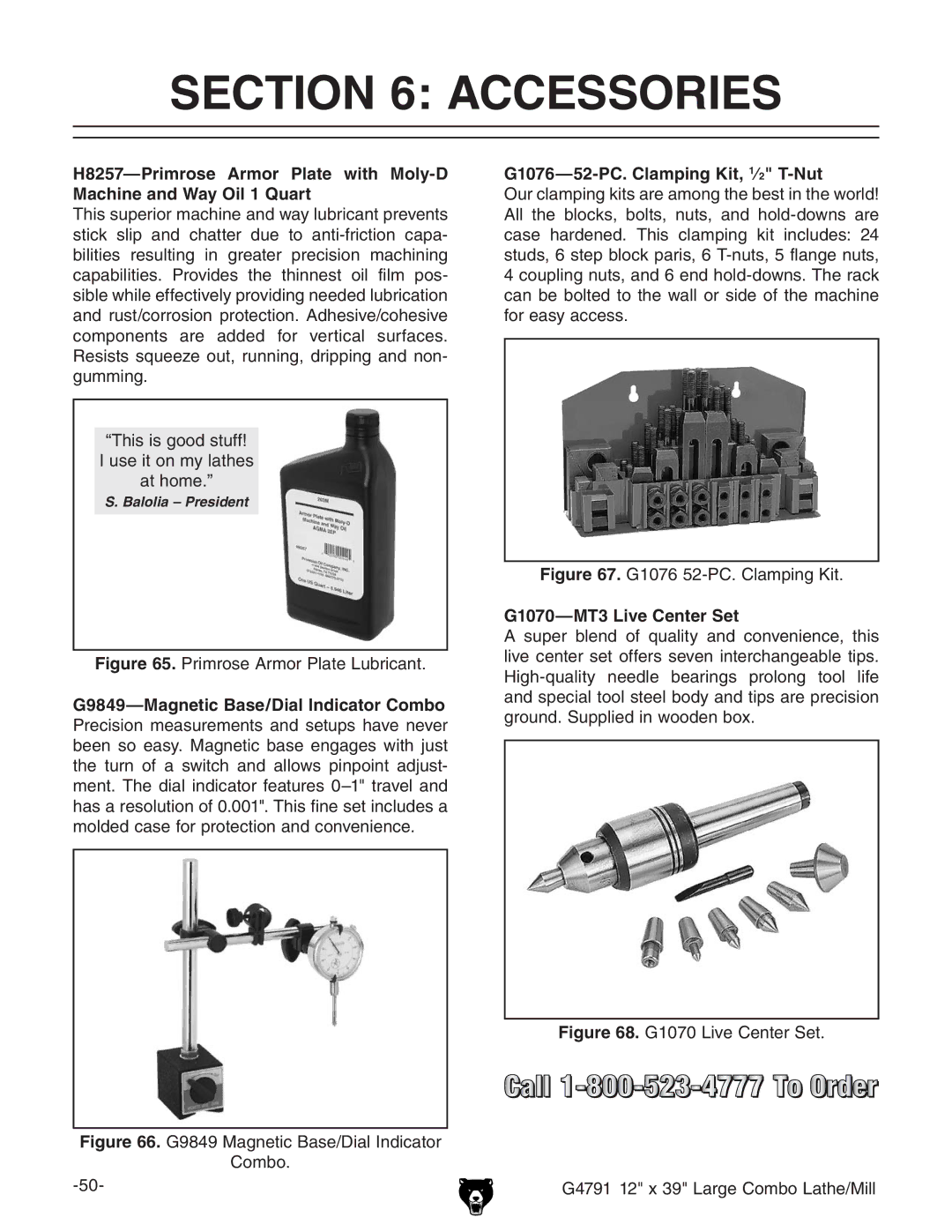 Grizzly G4791 owner manual Accessories, G1076-52-PC. Clamping Kit, 1⁄2 T-Nut, G1070-MT3 Live Center Set 