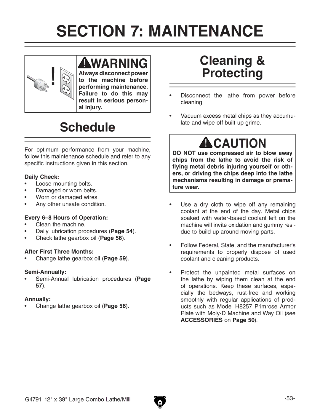 Grizzly G4791 owner manual Maintenance, Schedule, Cleaning Protecting 