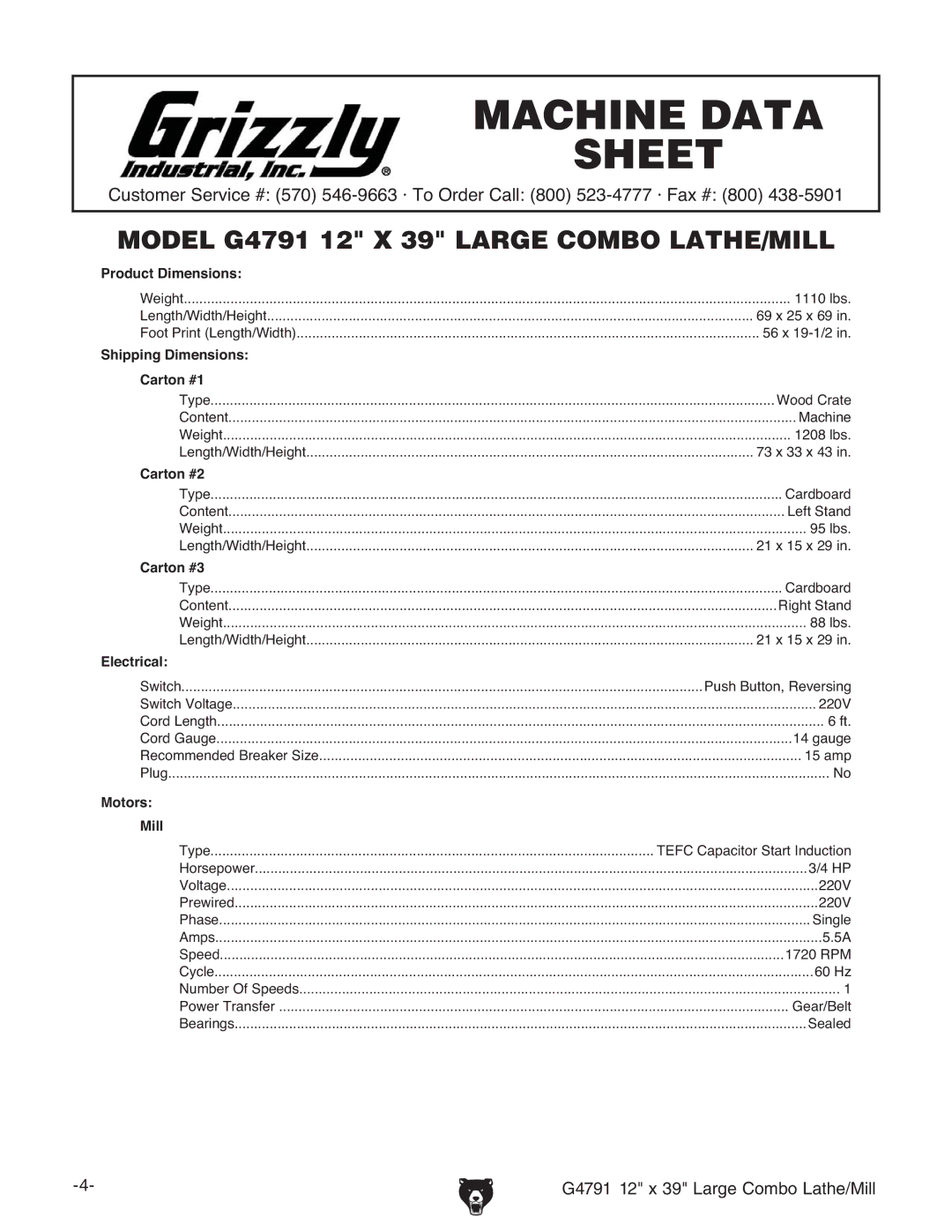 Grizzly G4791 owner manual Machine Data Sheet 