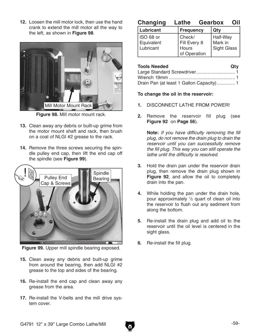 Grizzly G4791 owner manual Changing Lathe Gearbox Oil, To change the oil in the reservoir 