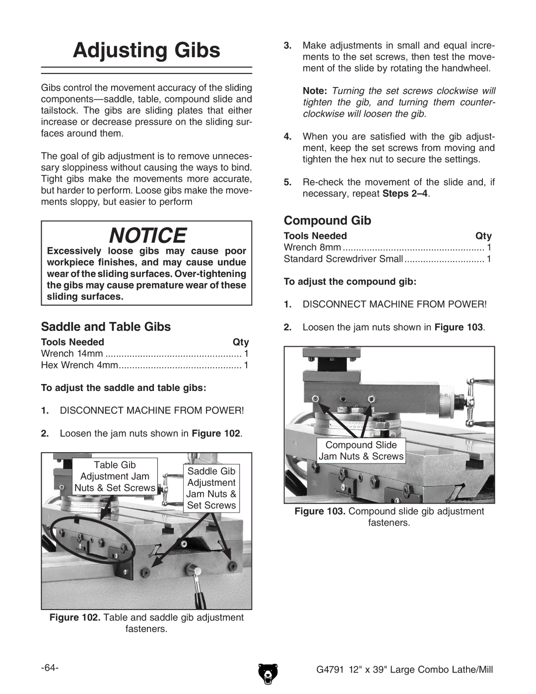 Grizzly G4791 owner manual Adjusting Gibs, Saddle and Table Gibs, Compound Gib, To adjust the saddle and table gibs 