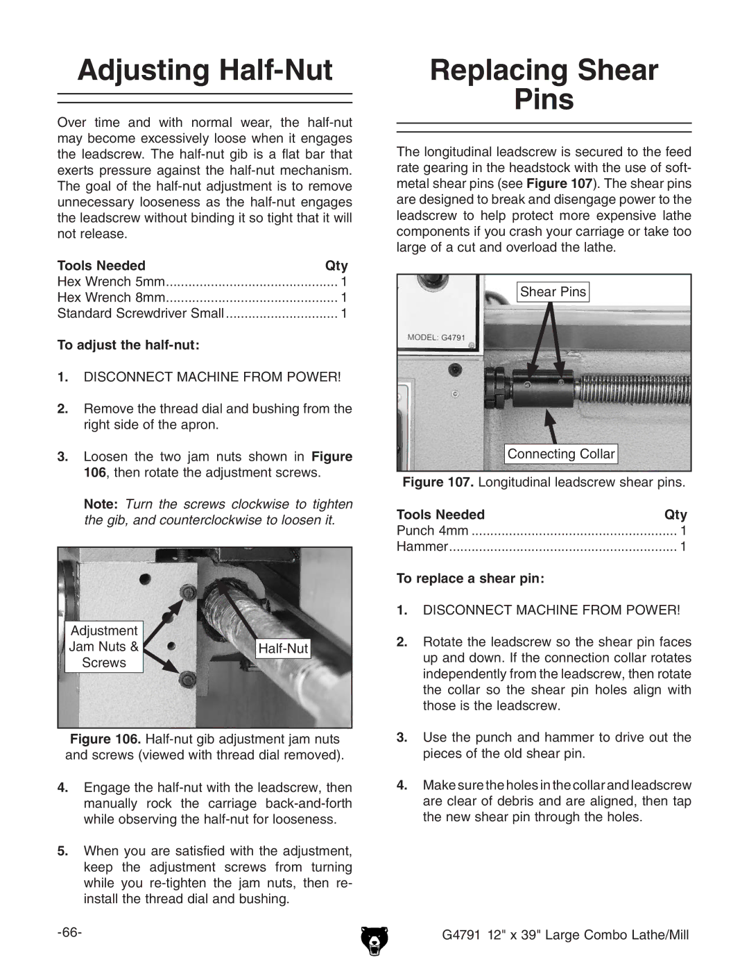 Grizzly G4791 owner manual Adjusting Half-Nut, Replacing Shear Pins, To adjust the half-nut, HZVgEch 8dccZXic\8daaVg 